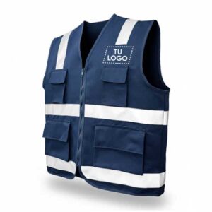 Chaleco de seguridad azul con cintas reflectivas y espacio para personalización de logo