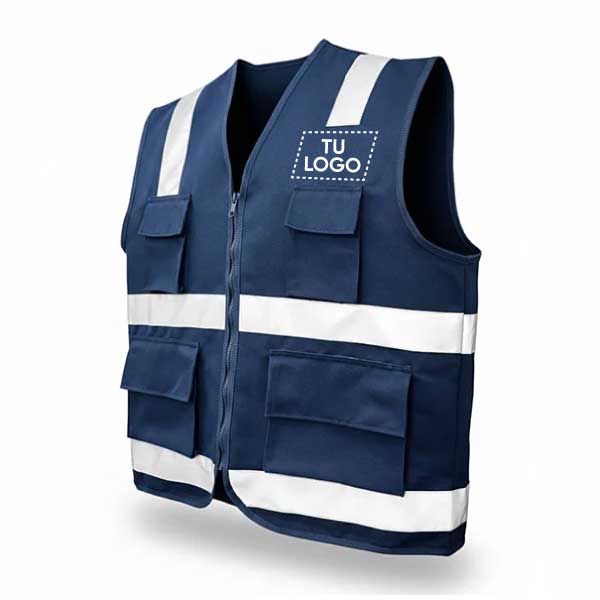 Chaleco de seguridad azul con cintas reflectivas y espacio para personalización de logo