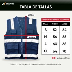tabla de tallas del chaleco de seguridad XC100 de Xecure
