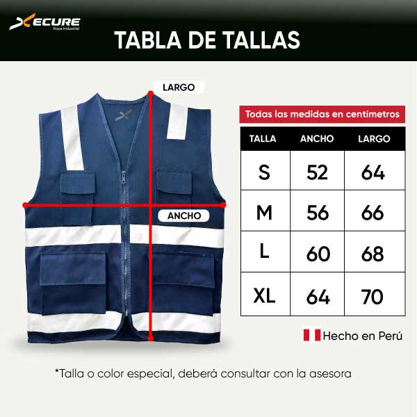 tabla de tallas del chaleco de seguridad XC100 de Xecure