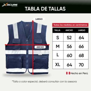 Tabla de tallas del chaleco de seguridad XC200 de Xecure
