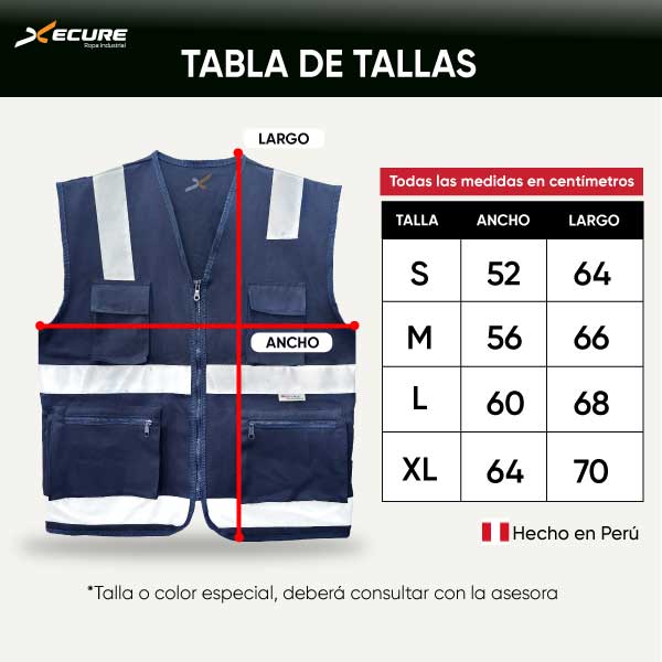 Tabla de tallas del chaleco de seguridad XC200 de Xecure